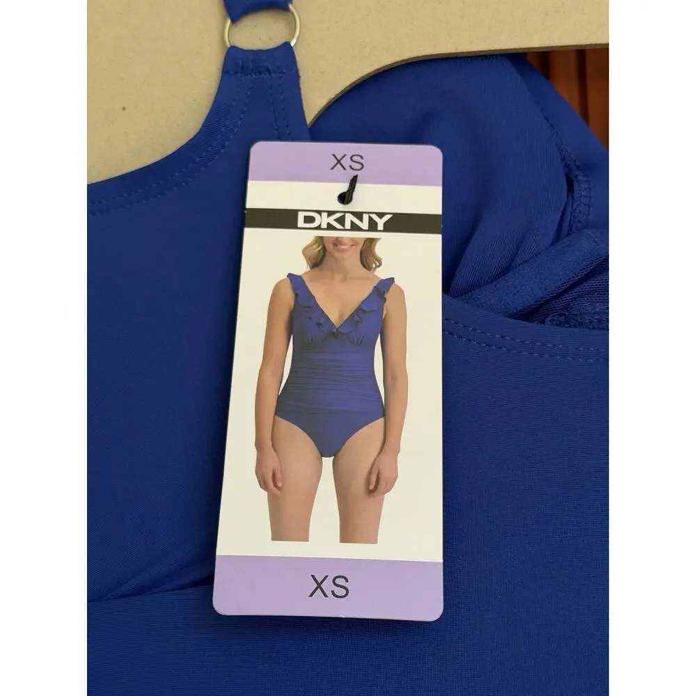 DKNY Blue One-Piece Swimsuit Ruffle Trim Adjustable Straps Size XS NWT - Picture 7 of 8